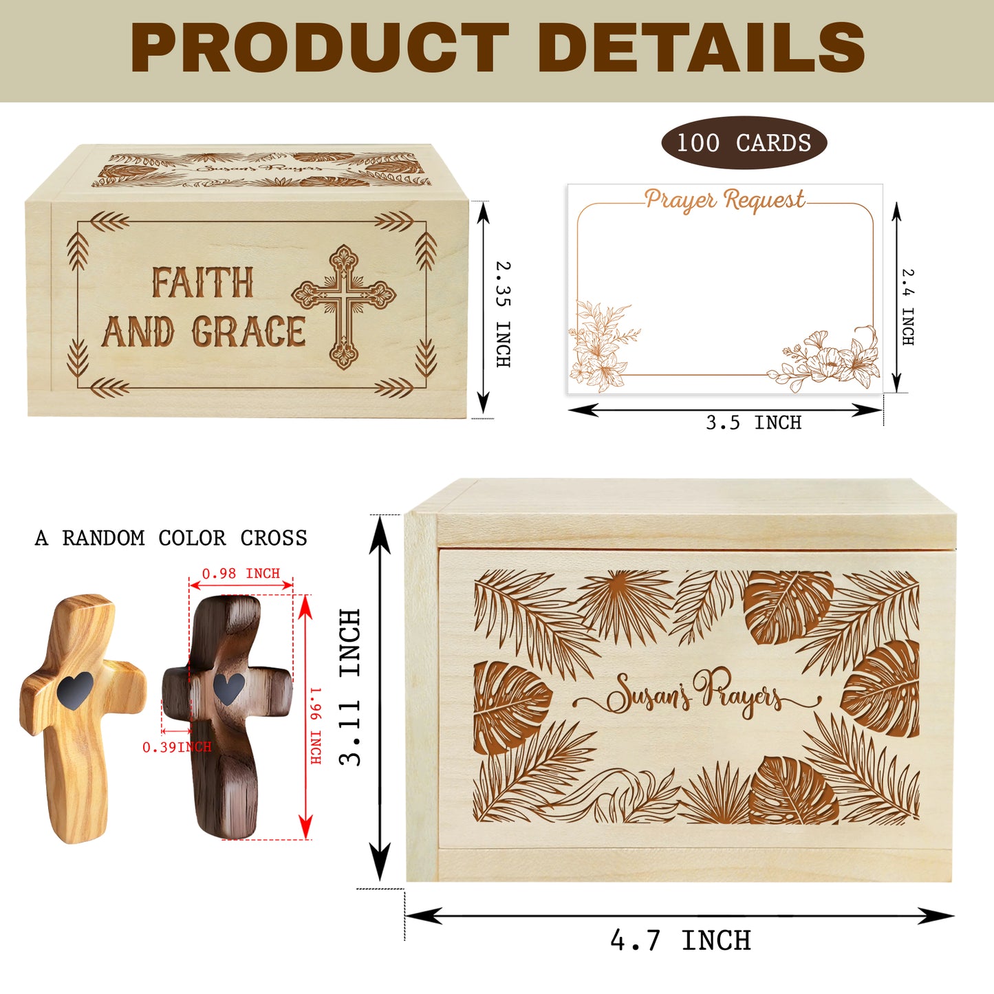Netecom Personalized Wooden Prayer Box with Faith and Grace Design, 100 Prayer Request Cards & Handheld Cross – Christian Keepsake for Daily Prayer