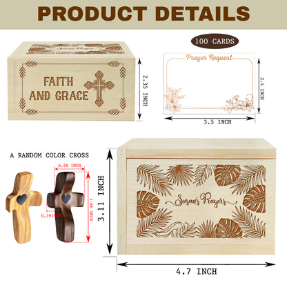 Netecom Personalized Wooden Prayer Box with Faith and Grace Design, 100 Prayer Request Cards & Handheld Cross – Christian Keepsake for Daily Prayer