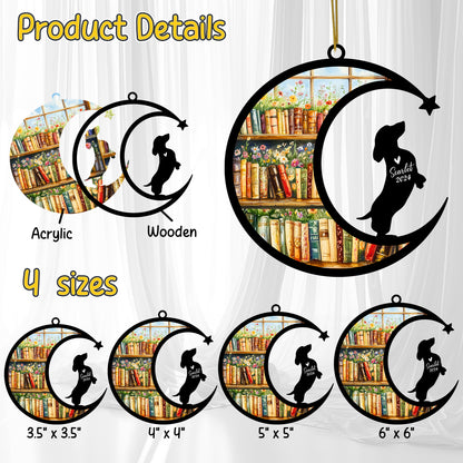 Netecom Personalized Dachshund Suncatcher for Windows Hanging, Custom Wiener Dog Sun Catcher Ornament with Name Date, Unique Gifts for Book Lovers, Reader Teacher Librarian Bookworm
