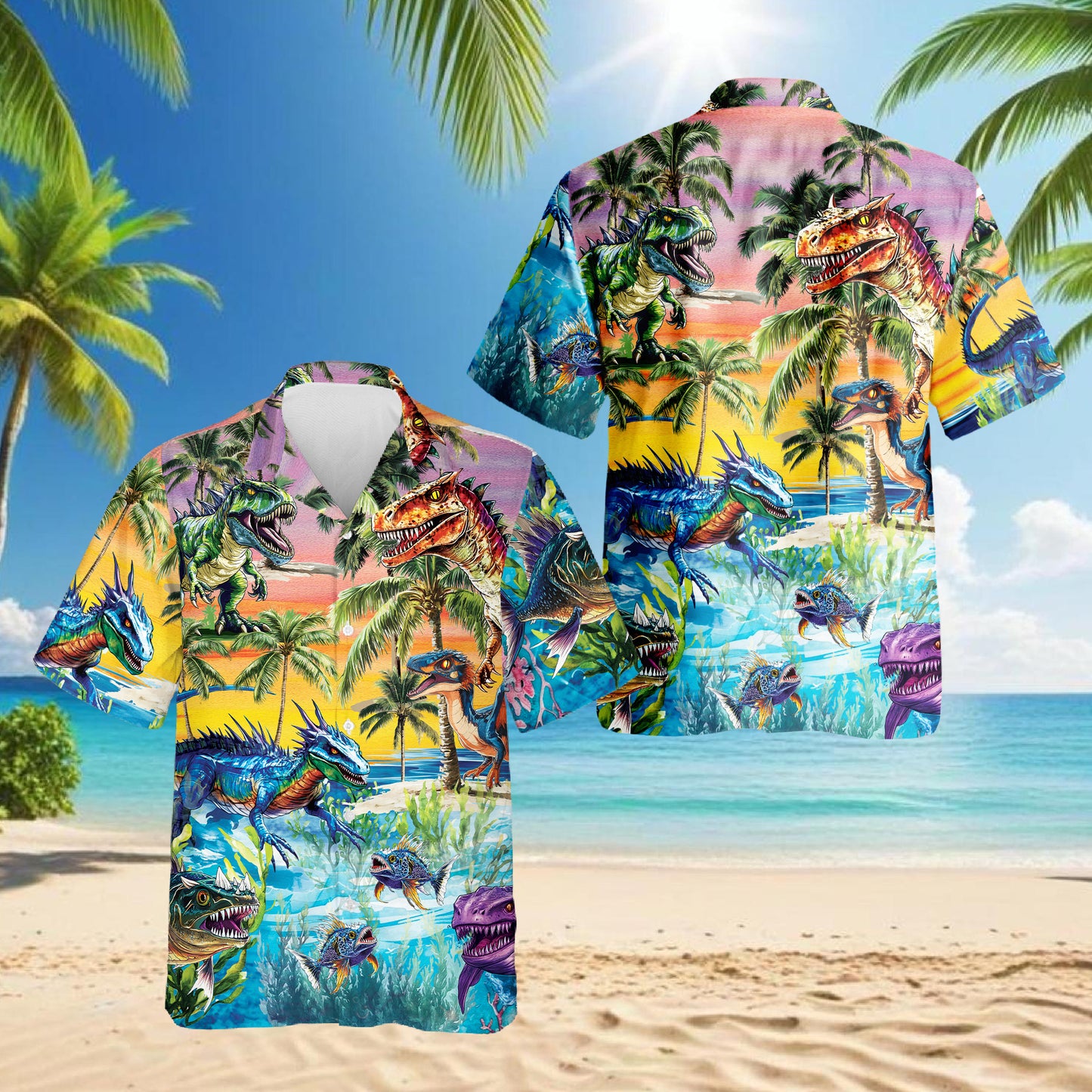 Netecom Tropical Dinosaur Hawaiian Shirt for Men, Dinosaur Lover Gifts, Animal Button Down Summer Beach Shirts