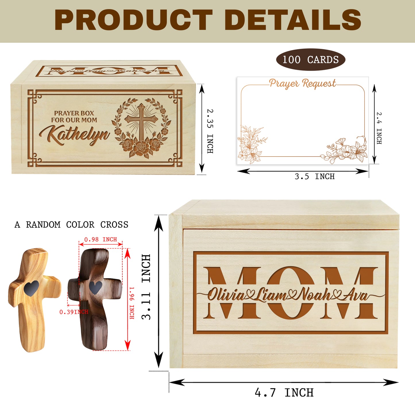 Netecom Personalized Prayer Box for Mom, Dad or Grandparent – Custom Name Engraved with Children’s Names, 100 Prayer Request Cards with Wooden Cross, Faith-Based Keepsake Gift