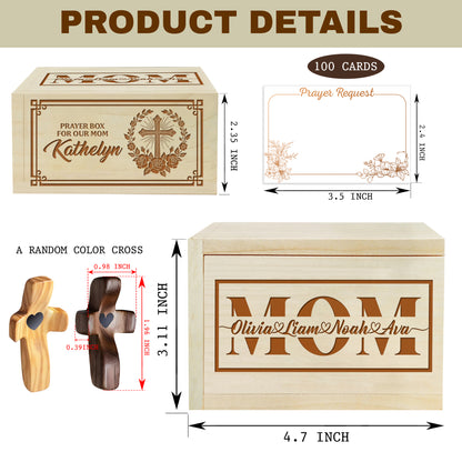 Netecom Personalized Prayer Box for Mom, Dad or Grandparent – Custom Name Engraved with Children’s Names, 100 Prayer Request Cards with Wooden Cross, Faith-Based Keepsake Gift