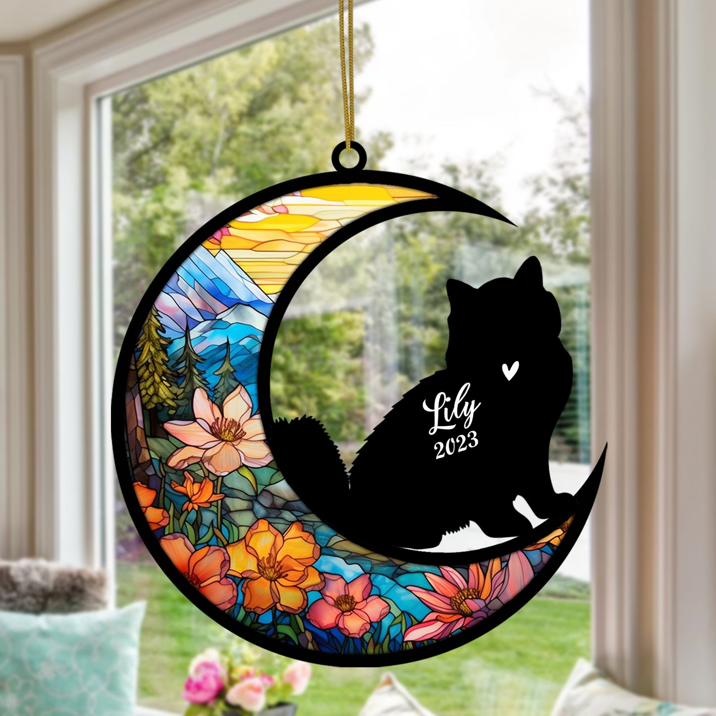Netecom Personalized Siberian Cat On Moon Suncatcher - Custom with Name & Date - Pet Loss Light Catcher - Gifts for Cat Lovers - Christmas Cat Ornament for Window Hangings
