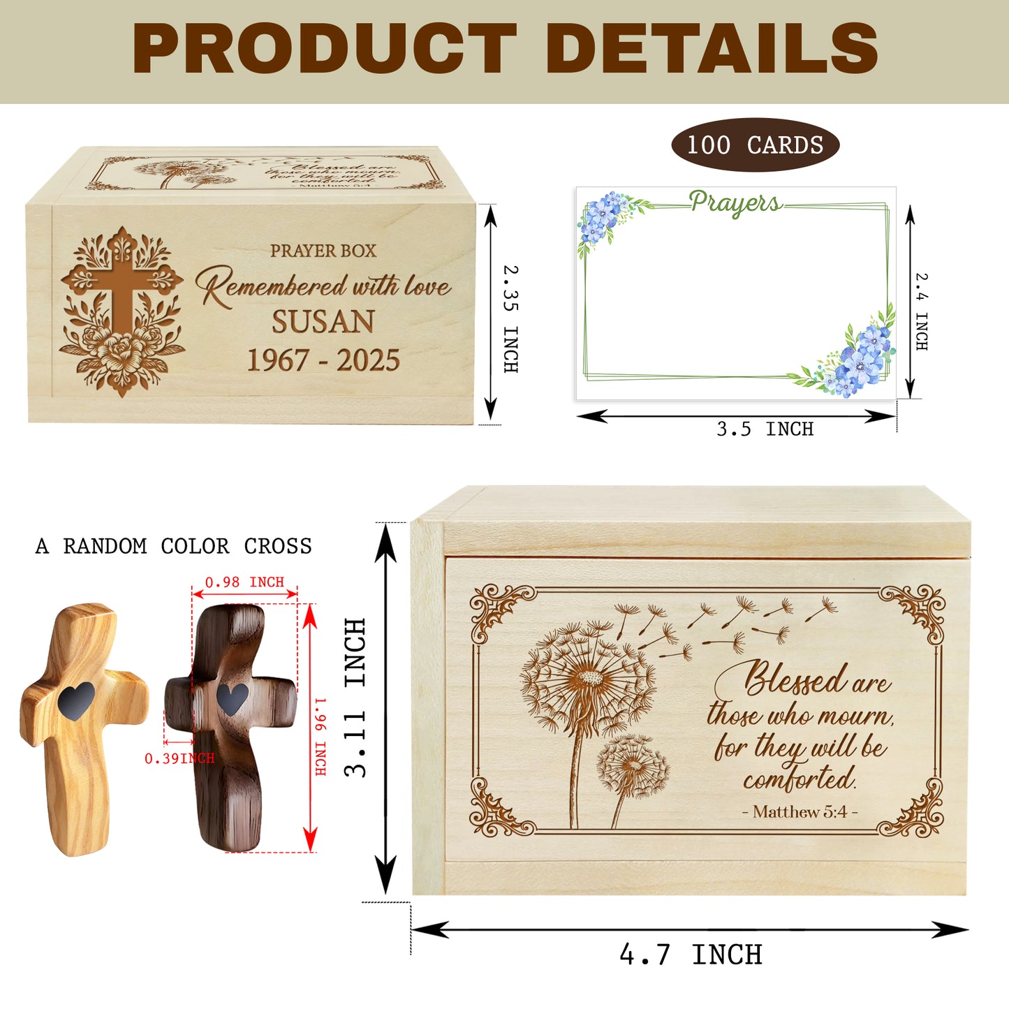 Netecom Personalized Memorial Prayer Box with 100 Prayer Request Cards & Handheld Cross – Custom Name and Years, Wooden Remembrance Keepsake, Forever in Our Hearts