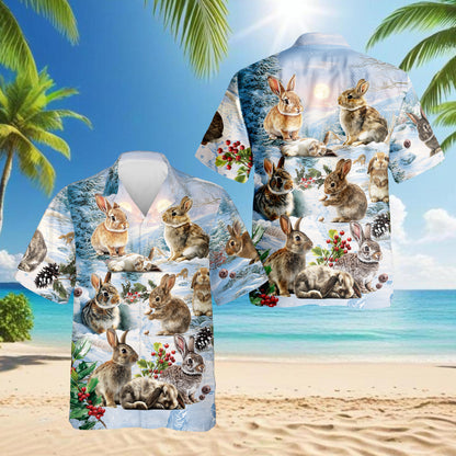 Netecom Rabbits in Snow Hawaiian Shirt for Men, Winter Bunny Holiday Button Down Summer Beach Short Sleeve Shirt