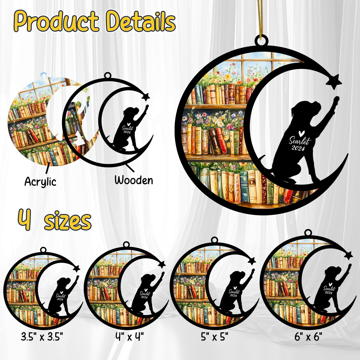 Netecom Personalized Boxer Suncatcher for Windows Hanging, Custom Dog Sun Catcher Ornament with Name Date, Unique Gifts for Book Lovers, Reader Teacher Librarian Bookworm