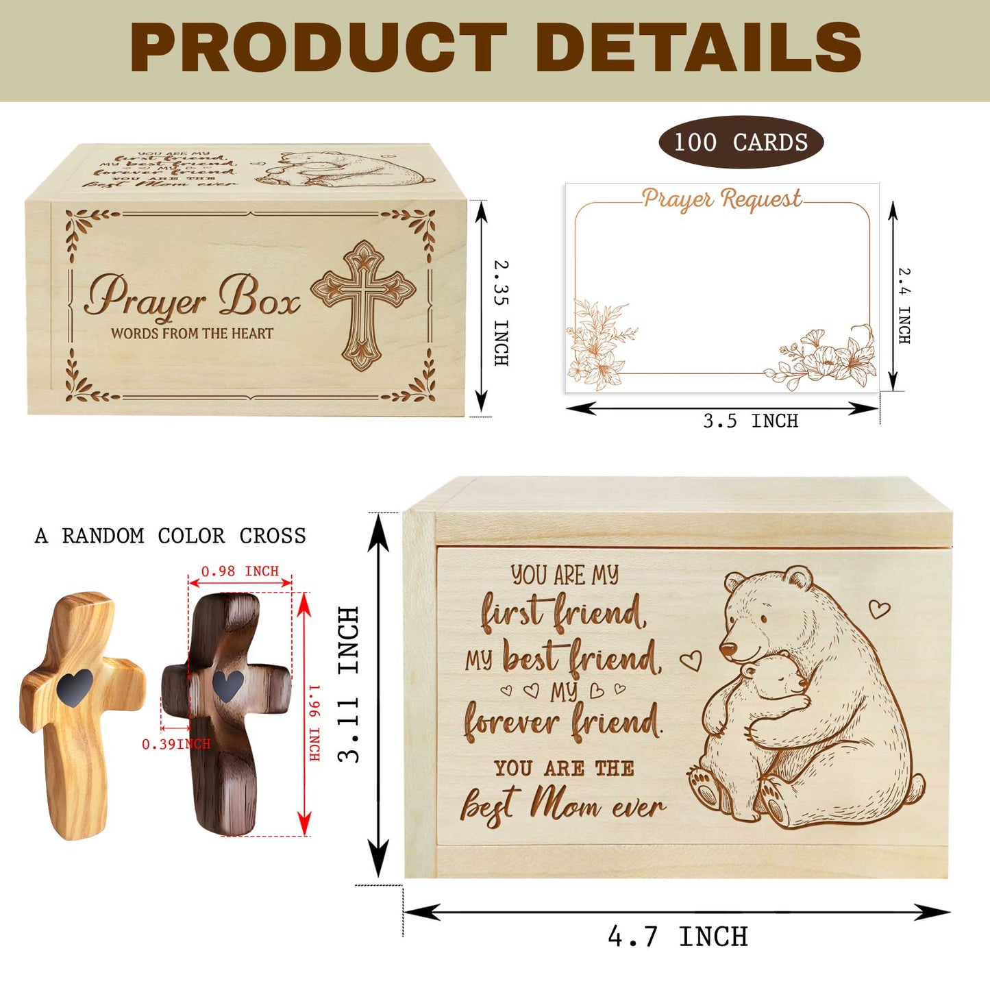 Netecom Personalized Prayer Box for Mom with 100 Prayer Request Cards and Custom Name Wooden Cross, Christian Faith Gift for Mother