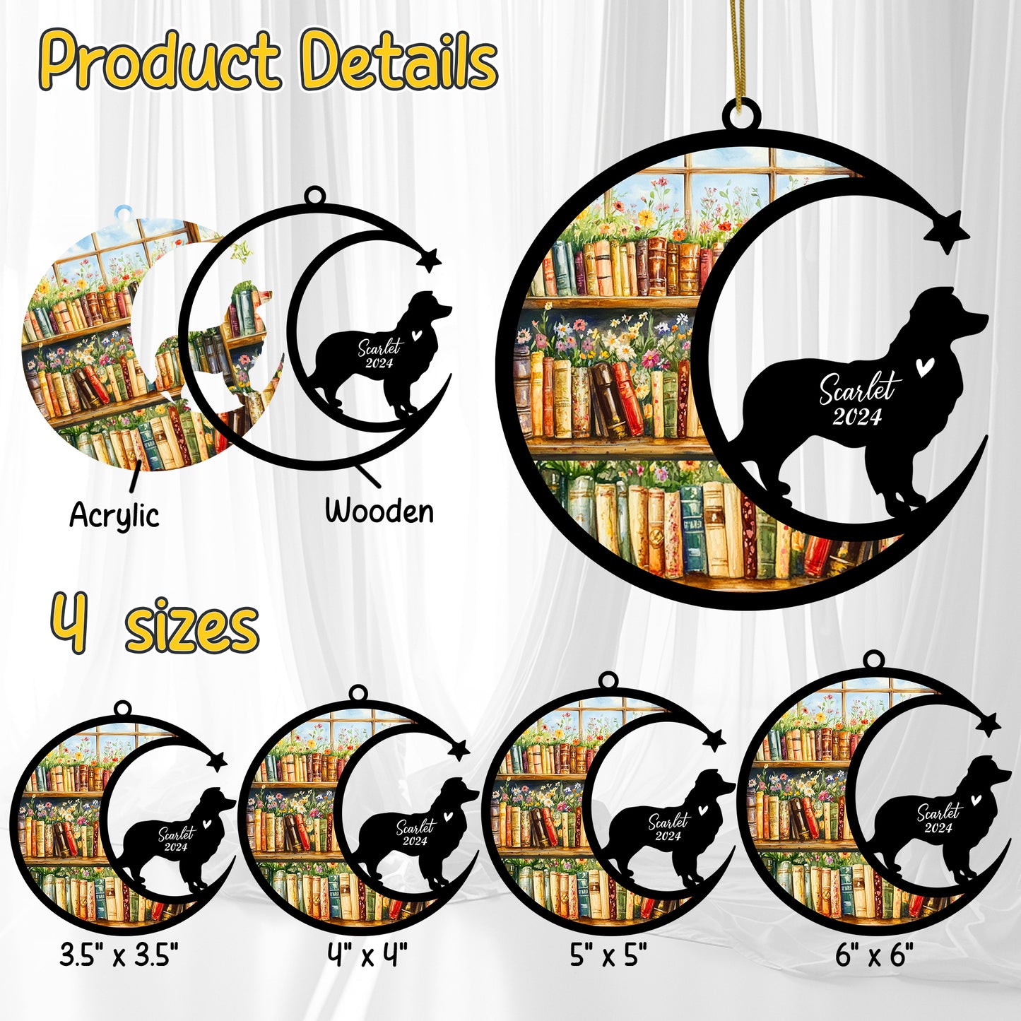 Netecom Personalized Border Collie Suncatcher for Windows Hanging, Custom Dog Sun Catcher Ornament with Name Date, Unique Gifts for Book Lovers, Reader Teacher Librarian Bookworm
