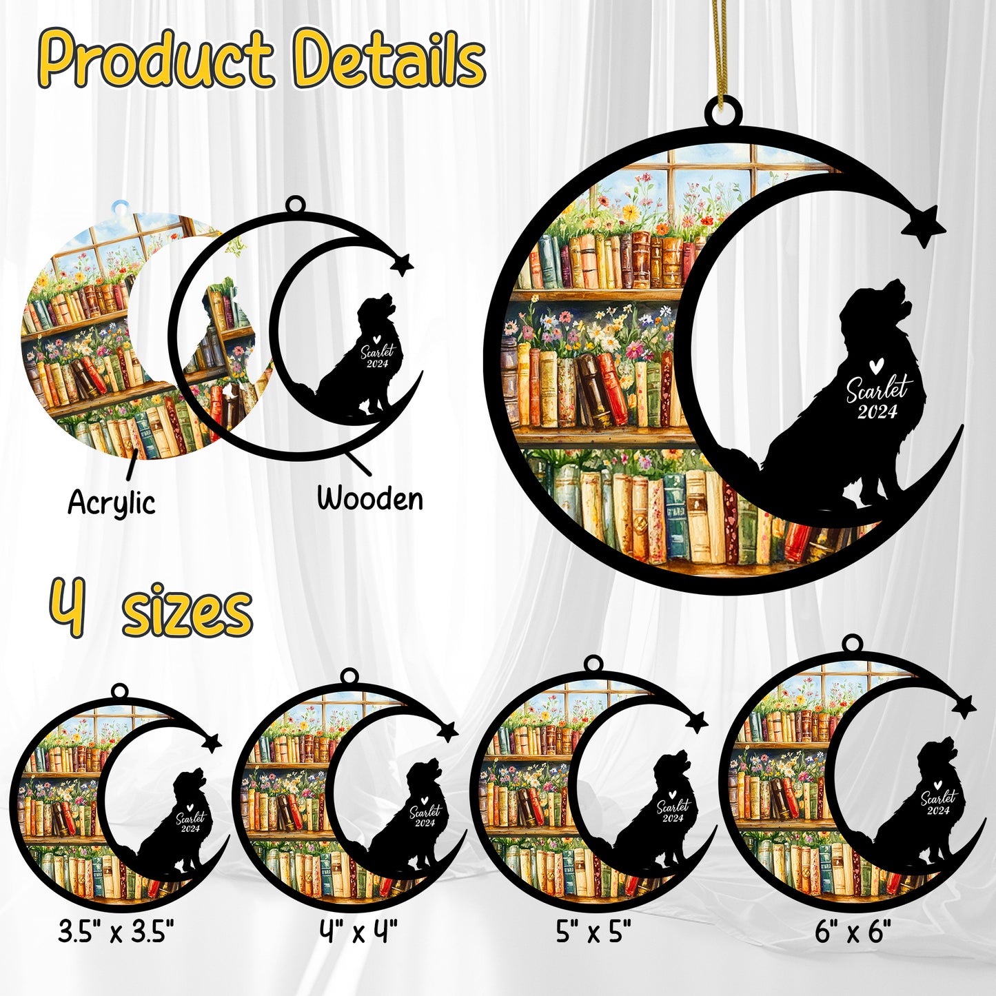 Netecom Personalized Golden Retriever Suncatcher for Windows Hanging, Custom Dog Sun Catcher Ornament with Name Date, Unique Gifts for Book Lovers, Reader Teacher Librarian Bookworm