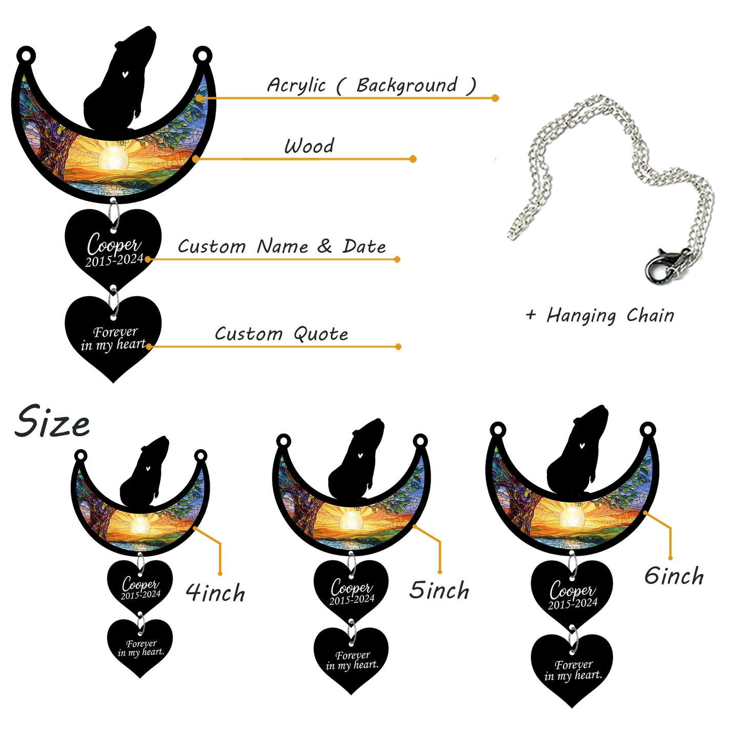 Netecom Personalized Guinea Pig Moon Heart Memorial Suncatcher, Custom Guinea Pig Ornament with Name Date, Pet Loss Sympathy Gift, Pet Remembrance Keepsake