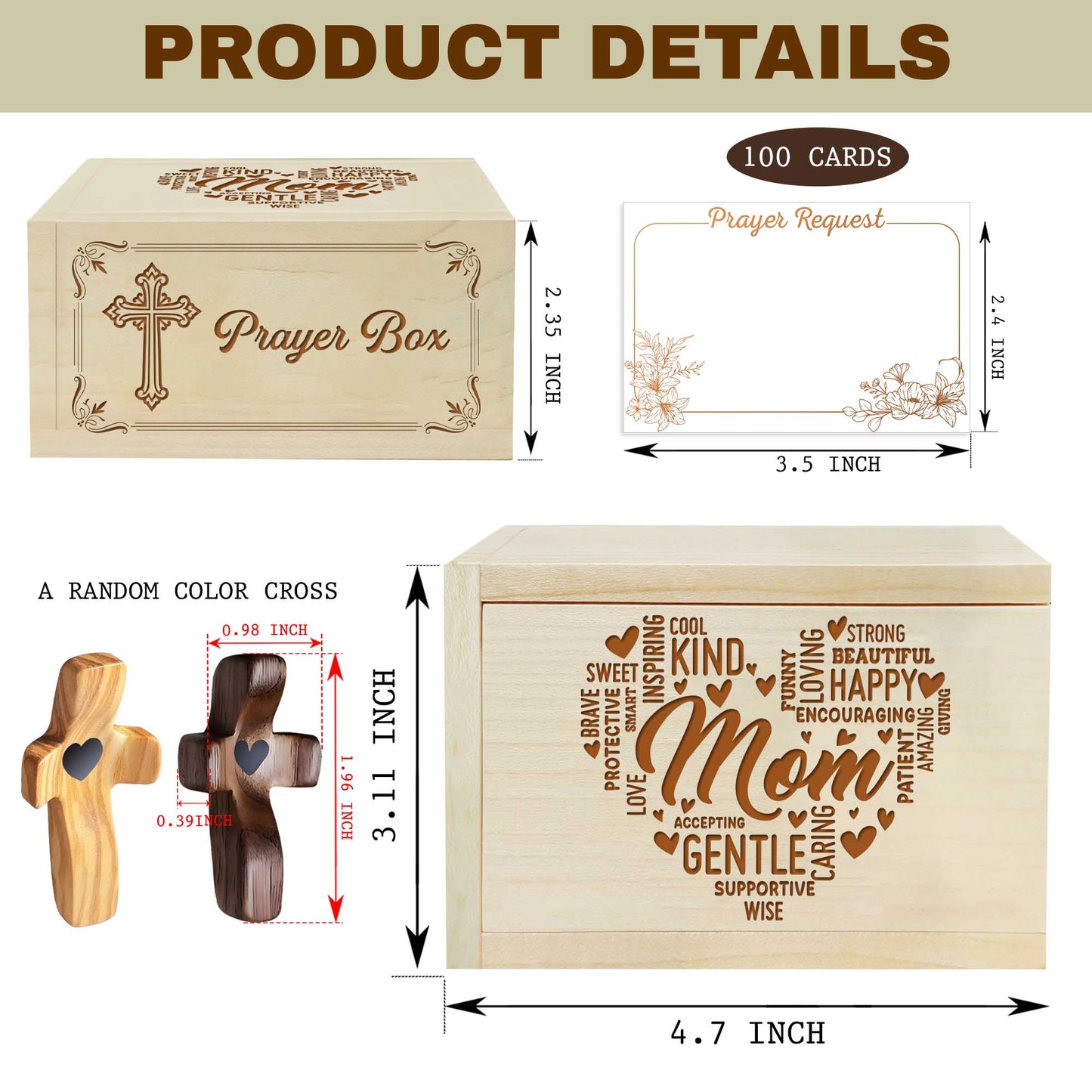Netecom Personalized Mom Prayer Box with Custom Name Cross and 100 Prayer Request Cards, Christian Gift for Mom, Faith-Inspired Keepsake