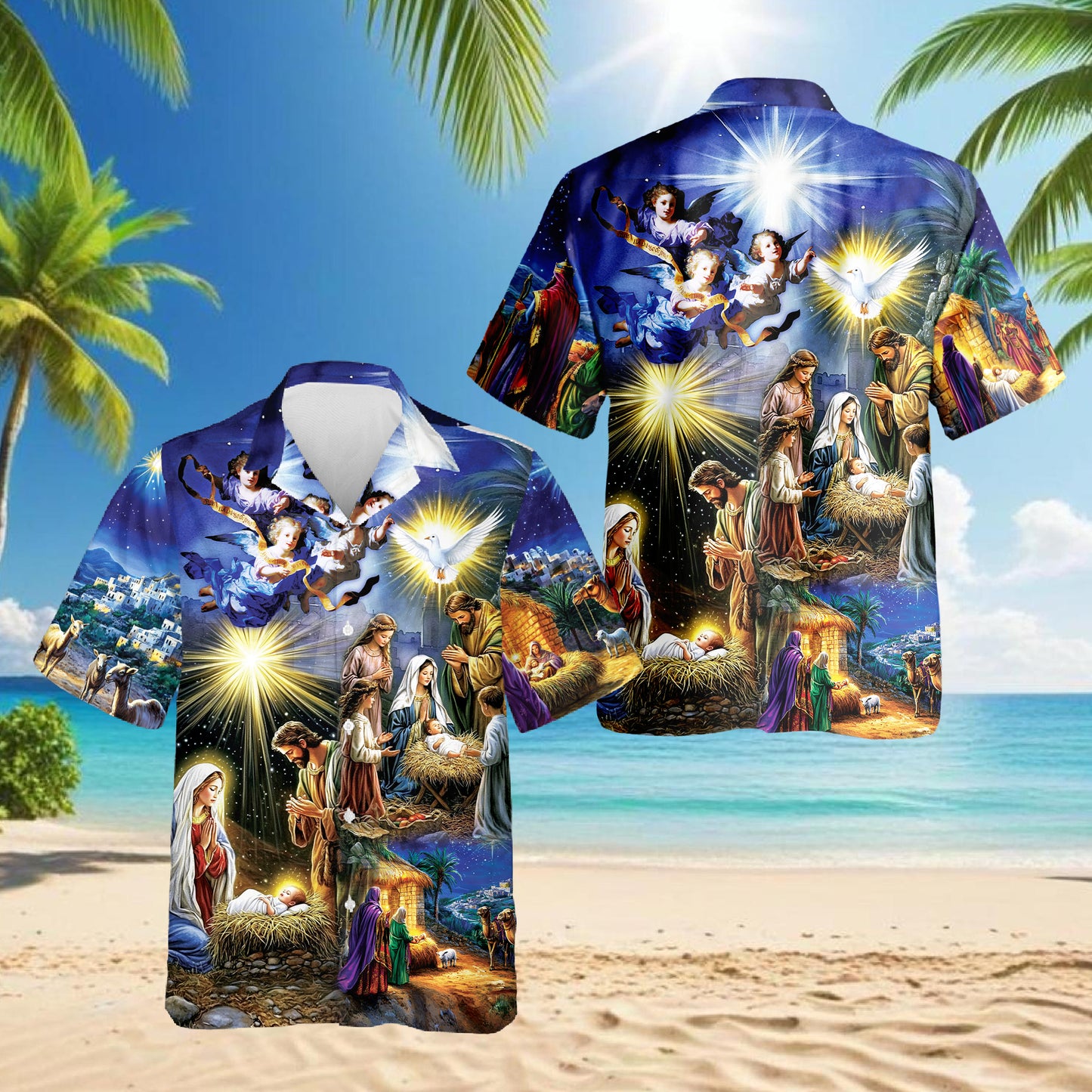 Netecom Nativity Scene Hawaiian Shirt for Men, Vintage Vintage Christmas Button Down Beach Short Sleeve Shirts