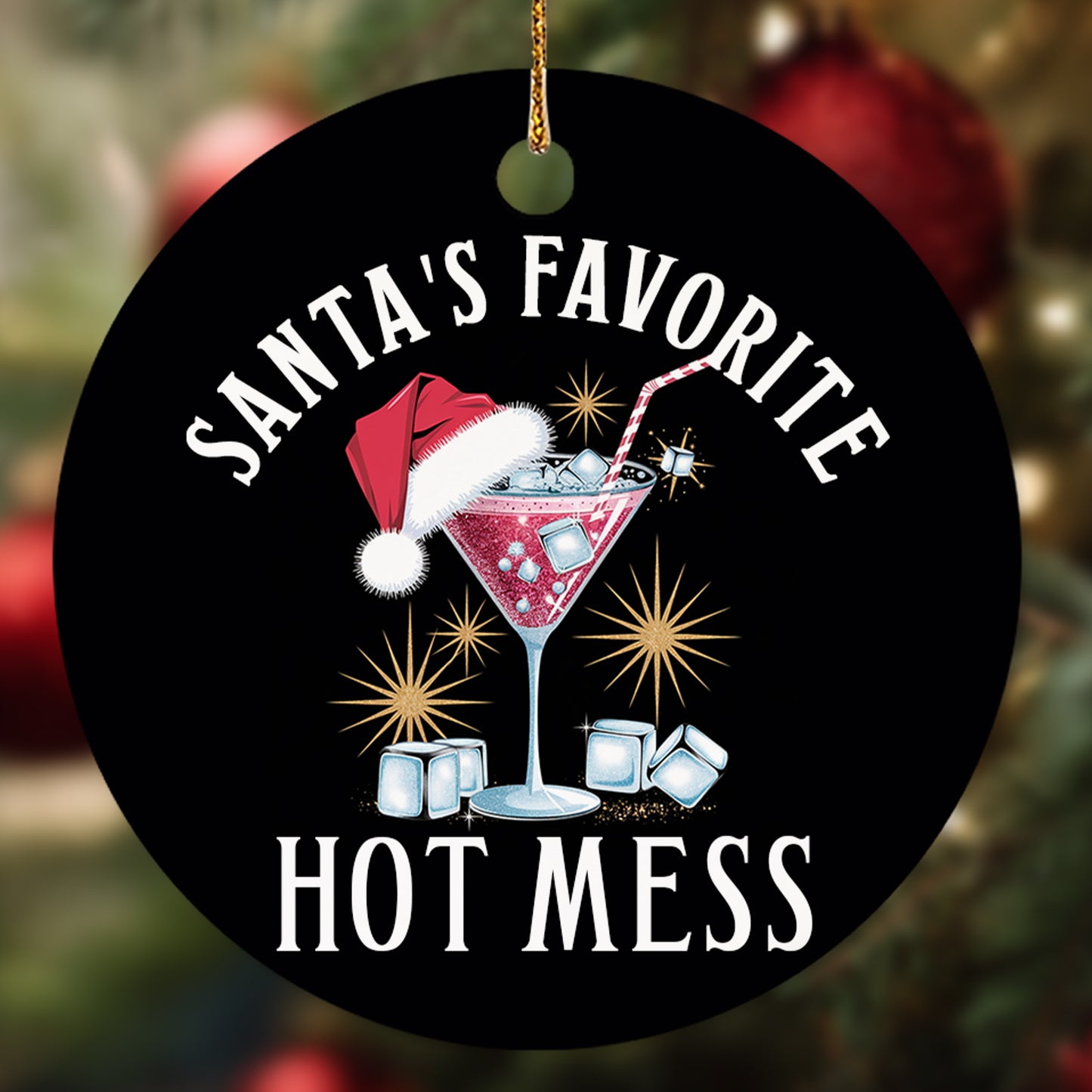 Netecom Funny Cocktail with Santa Hat Christmas Ornament, Santa's Favorite Hot Mess Ceramic Ornament for Xmas Tree Hanging Decorations Gift, Gifts for Friends & Family, Holiday Party Present