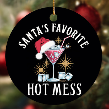 Netecom Funny Cocktail with Santa Hat Christmas Ornament, Santa's Favorite Hot Mess Ceramic Ornament for Xmas Tree Hanging Decorations Gift, Gifts for Friends & Family, Holiday Party Present