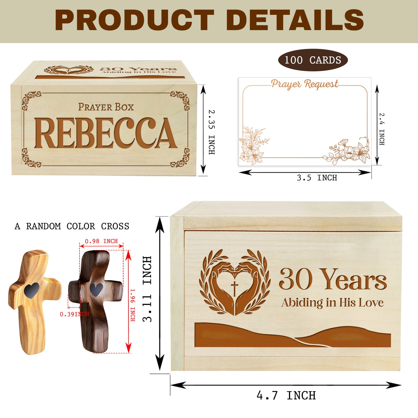 Netecom Personalized Birthday Prayer Box 30 Years with Custom Name, Christian Faith Gift with Wooden Cross & 100 Prayer Request Cards, Meaningful 30th Birthday Gift