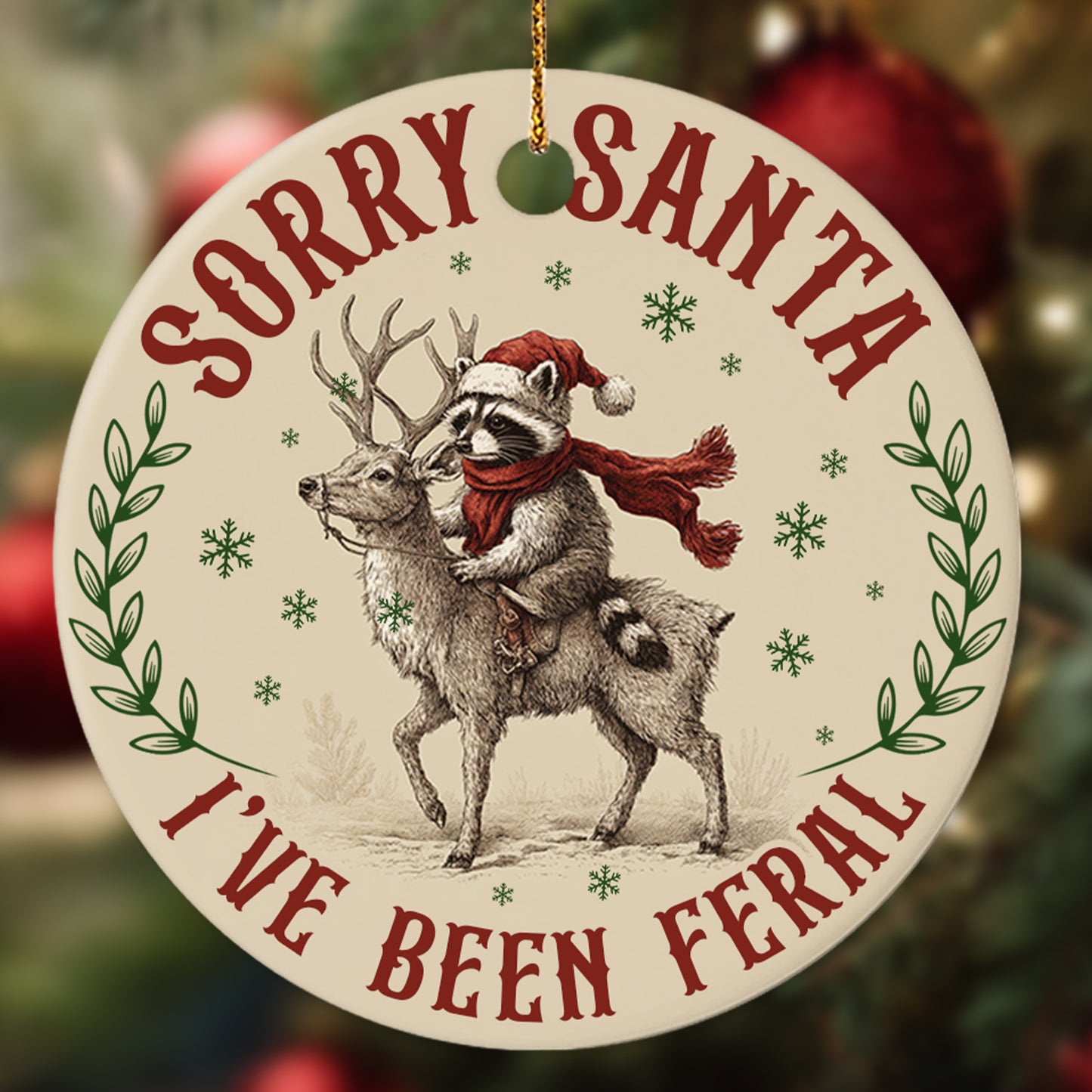 Netecom Funny Raccoon Riding Reindeer Christmas Ornament, Sorry Santa I've been Feral Ceramic Ornament for Xmas Tree Hanging Decorations Gift, Raccoon Lover Gifts, Holiday Party Present