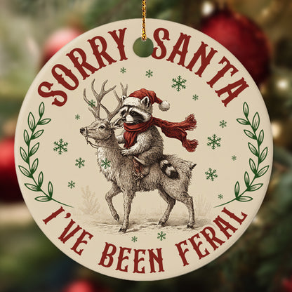 Netecom Funny Raccoon Riding Reindeer Christmas Ornament, Sorry Santa I've been Feral Ceramic Ornament for Xmas Tree Hanging Decorations Gift, Raccoon Lover Gifts, Holiday Party Present