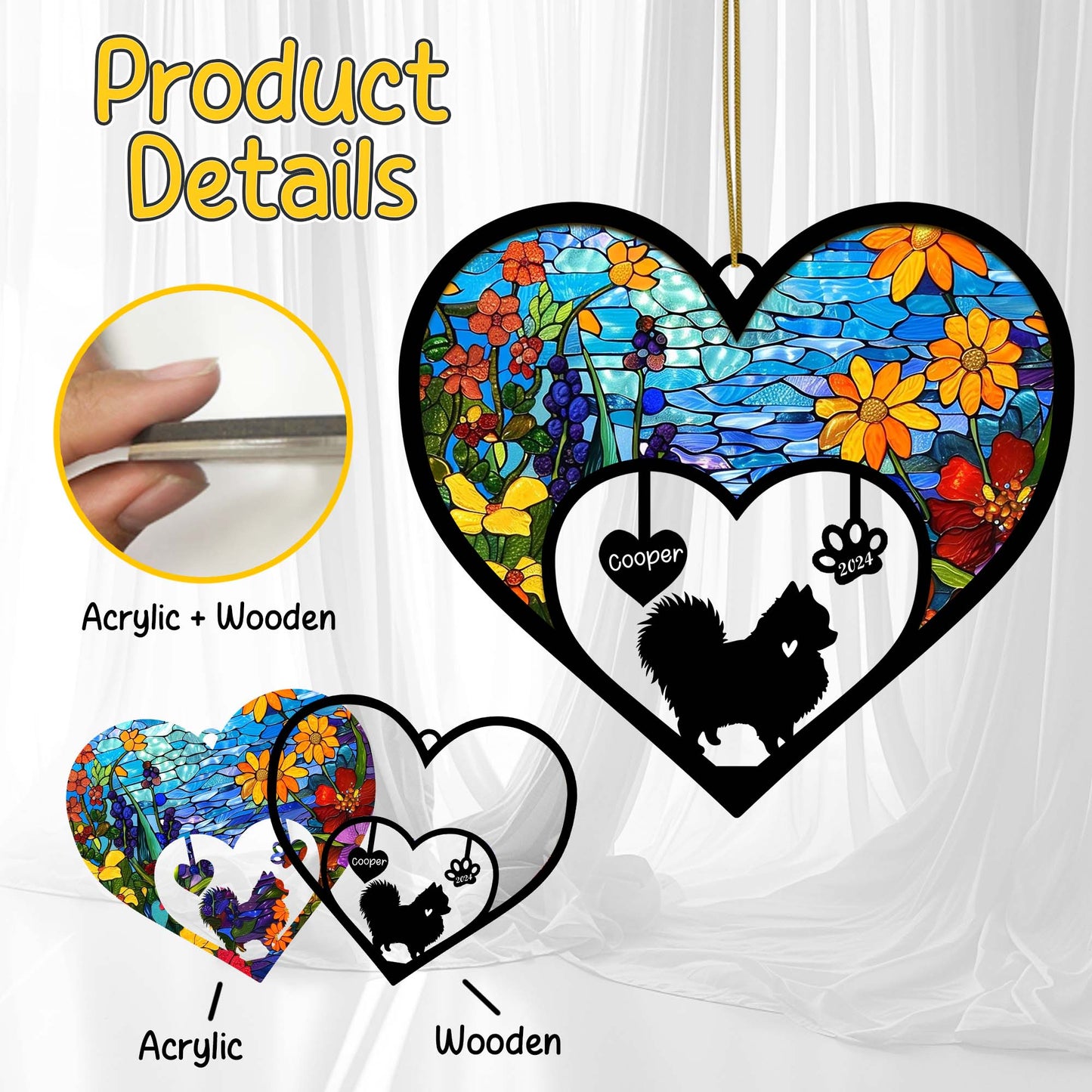 Netecom Pomeranian Memorial Suncatcher, Personalized Pom Dog Memorial Ornament with Name Date, Bereavement Gift Loss of Dog, Pet Loss Sympathy Gift, Dog Passing Away Gift