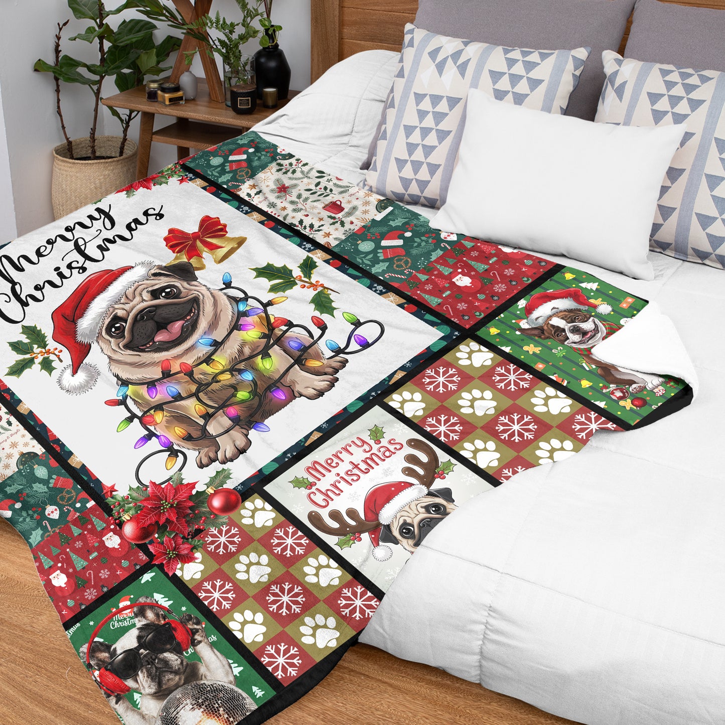 Netecom Santa Pug Dog Christmas Blanket, Holiday Dog Lover Throw Blanket for Couch, Bed or Sofa, Ultra Soft Warm Gift for Christmas and Holiday