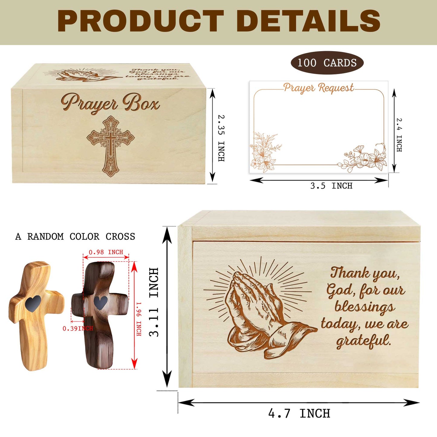 Netecom Personalized Christian Prayer Box with 100 Prayer Request Cards & Custom Name Wooden Cross – Faith Gratitude Gift, Thankful Prayer Keepsake for Home or Church