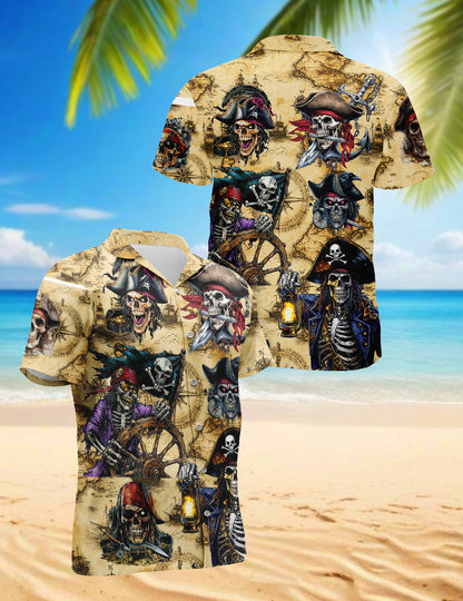 Netecom Pirate Skull Treasure Hawaiian Shirt for Men, Mysterious Pirate Button Down Summer Beach Short Sleeve Shirts