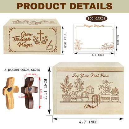 Netecom Personalized Wooden Prayer Box with Custom Name & Handheld Cross, 100 Prayer Request Cards – Grow Through Prayer Christian Faith Gift
