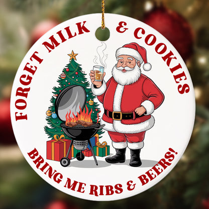Netecom Funny Forget Milk & Cookies Bring Me Ribs and Beers Christmas Ornaments, Santa Claus Ceramic Ornament for Xmas Tree Hanging Decoration Gift, Gifts for Friends Family, Holiday Present