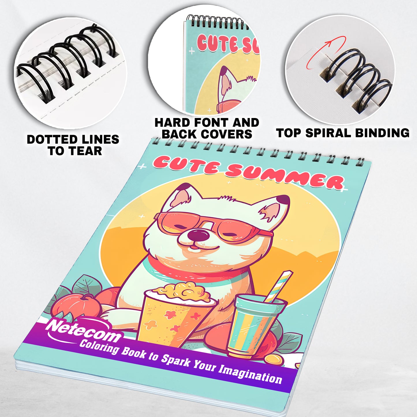 Cute Summer Spiral Bound Coloring Book, Unleash Your Creativity with 30 Coloring Pages, Featuring Cute Illustrations of Summer Activities and Themes