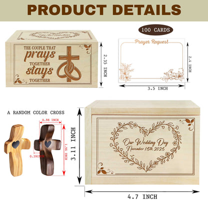 Netecom Personalized Wedding Prayer Box with Custom Anniversary Date & Name Cross, Wooden Faith Keepsake with 100 Prayer Request Cards, Christian Gift for Couples & Marriage