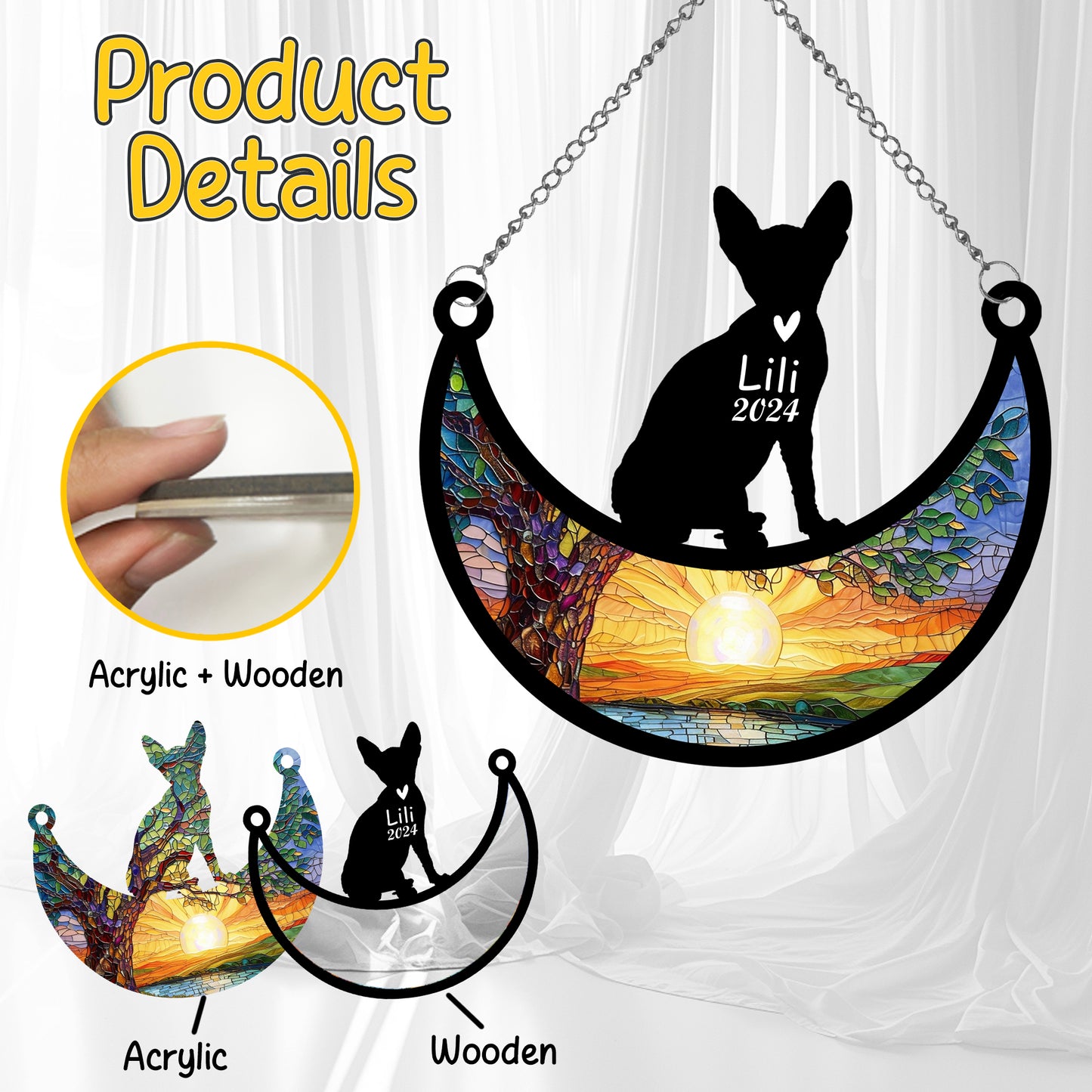 Netecom Personalized Sphynx Cat Memorial Suncatcher, Custom Cat Ornament with Name Date, Loss of Pet Sympathy Suncatcher Gifts for Cat Lovers, Remembrance Gifts for Loss of Pet