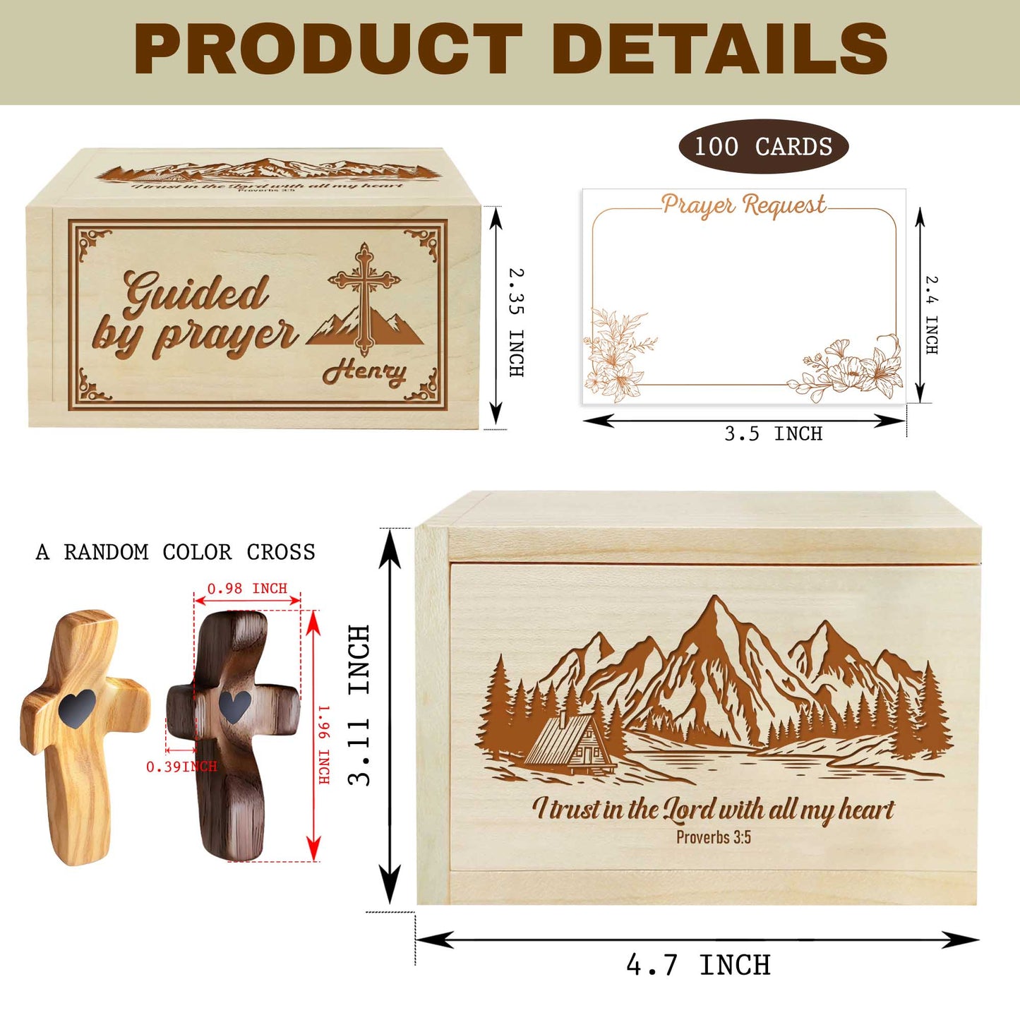 Netecom Personalized Wooden Prayer Box with Custom Name and Engraved Cross, 100 Prayer Request Cards, Christian Gift for Daily Prayer