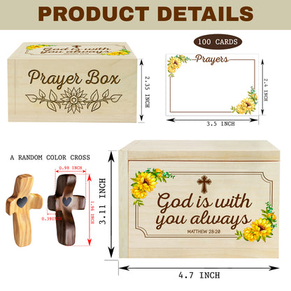 Netecom Wooden Prayer Box with 100 Prayer Request Cards & Hand Cross – Vintage Christian Gift with Sunflowers, Wooden Box for Women & Men