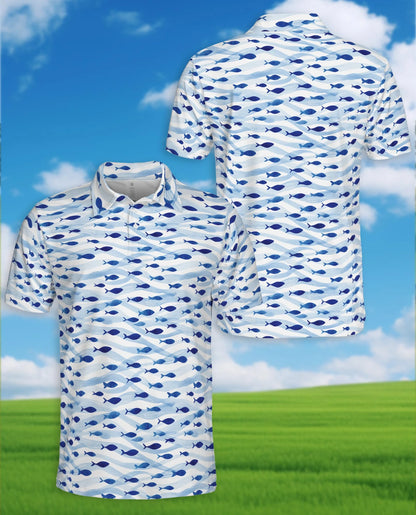Blue and White Fish Pattern Polo Shirt for Men – Coastal Nautical Style | Netecom