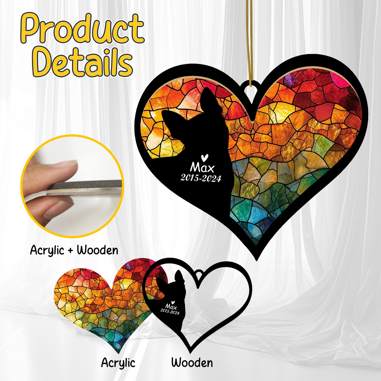 Netecom Personalized Boston Terrier Memorial Suncatcher, Dog Ornament with Name Date, Pet Loss Sympathy Gift, Remembrance Keepsake, Bereavement Gift for Dog Lovers, Heart Suncatcher