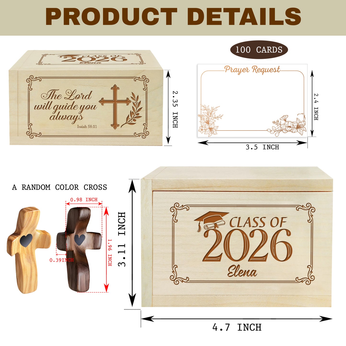 Netecom Custom Graduation Prayer Box with Name & Year on Box, Personalized Name on Cross, 100 Prayer Request Cards, Christian Faith Gift for Reflection