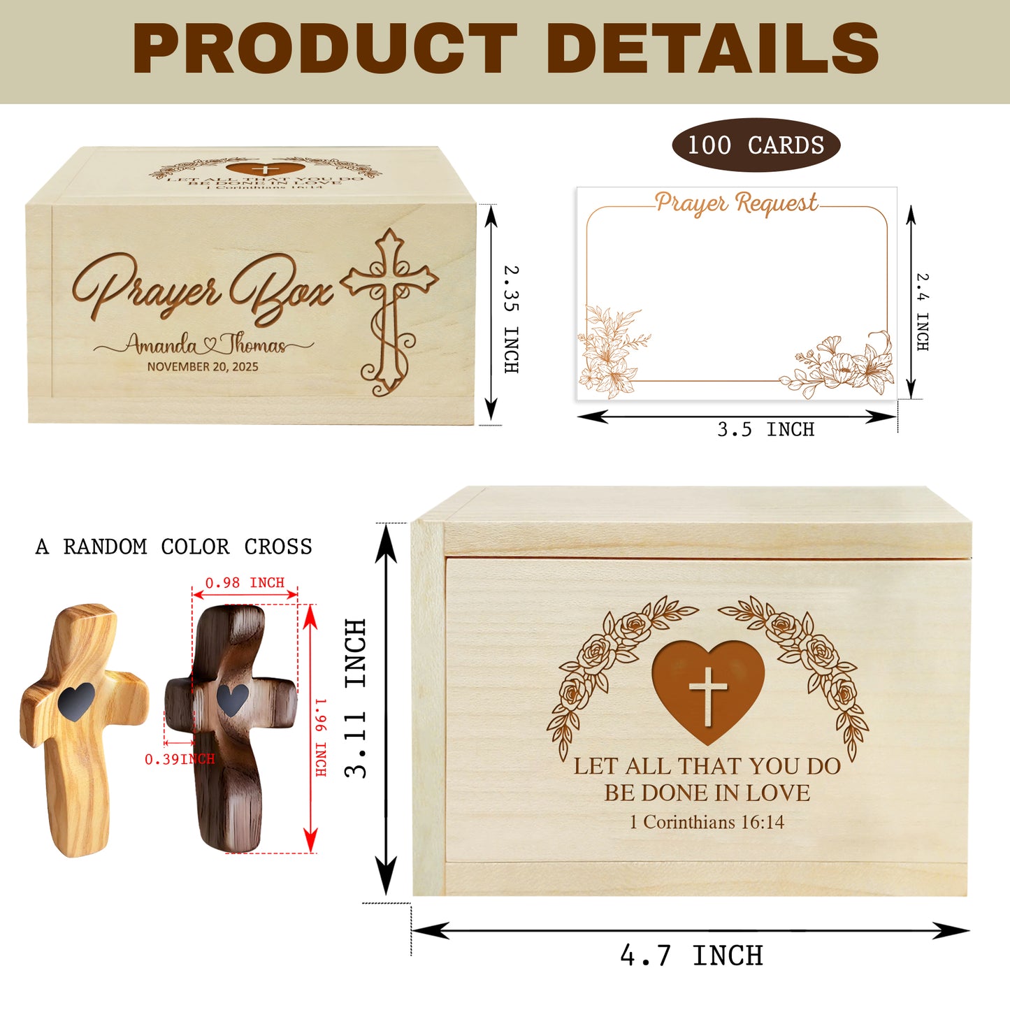 Netecom Personalized Couple Prayer Box for Valentine’s Day with 100 Prayer Request Cards & Wooden Cross – Custom Names and Anniversary Date Christian Gift