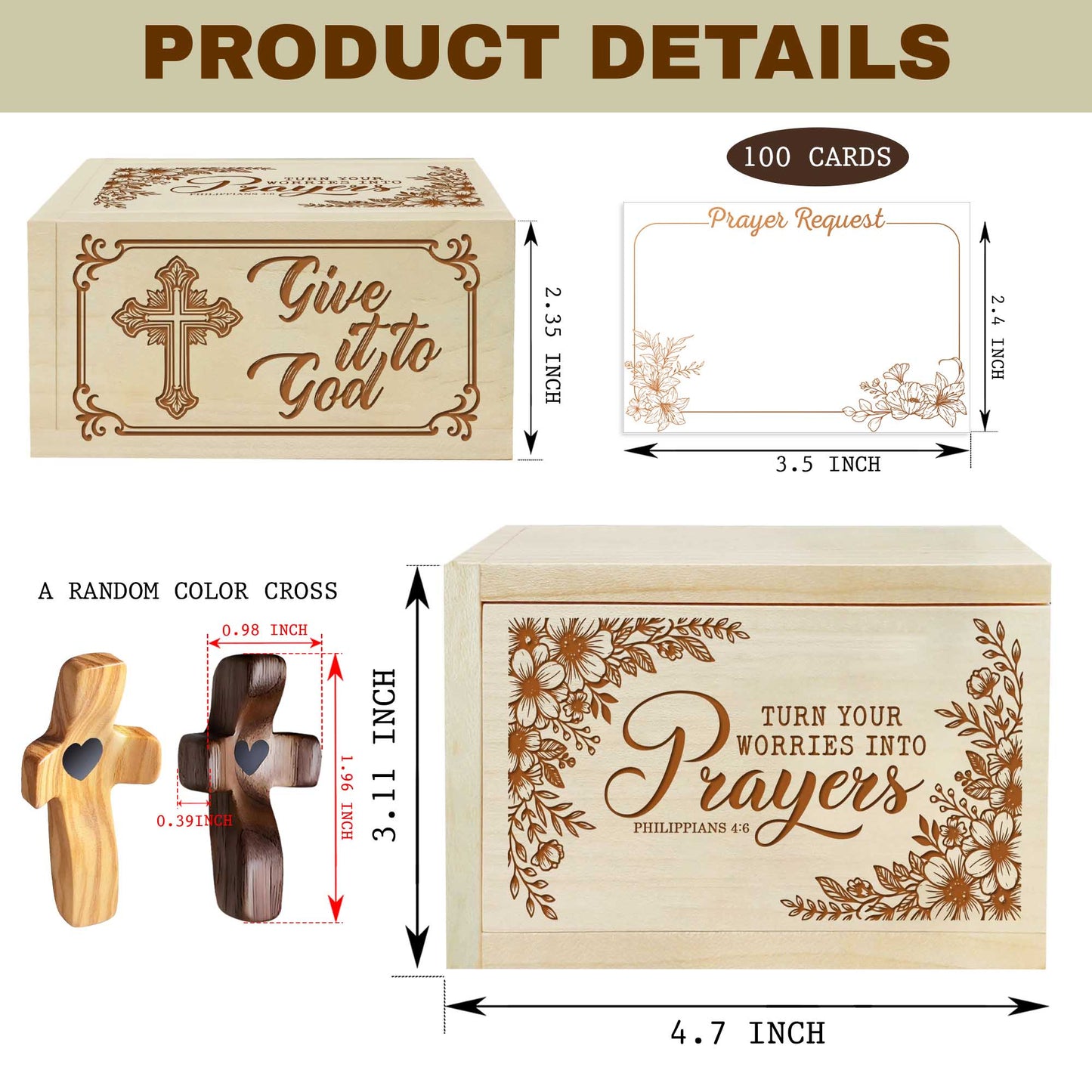 Netecom Personalized Wooden Prayer Box with Scripture Engraving, 100 Prayer Request Cards & Custom Name Handheld Cross – Christian Faith Keepsake for Daily Prayer