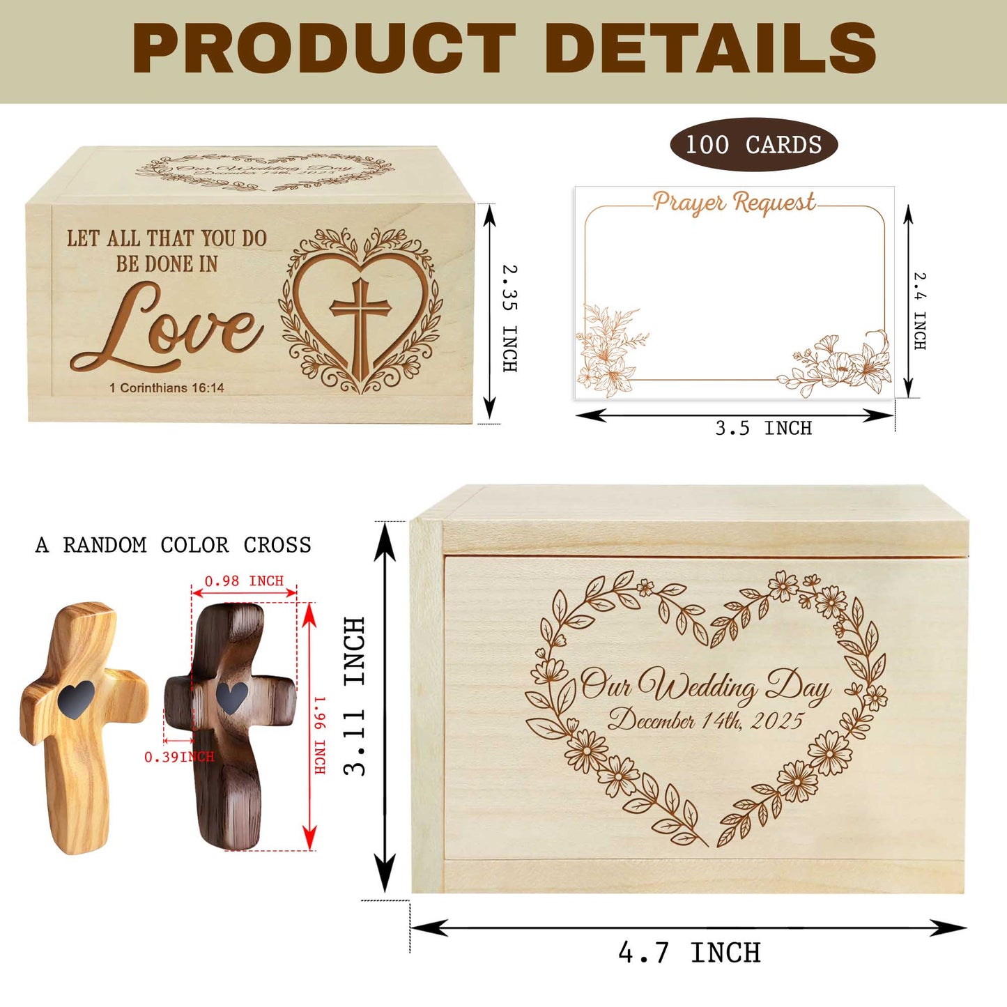 Netecom Personalized Wedding Anniversary Prayer Box for Wife or Husband, Custom Date Wooden Keepsake with Engraved Name Cross & 100 Prayer Request Cards, Christian Love Gift
