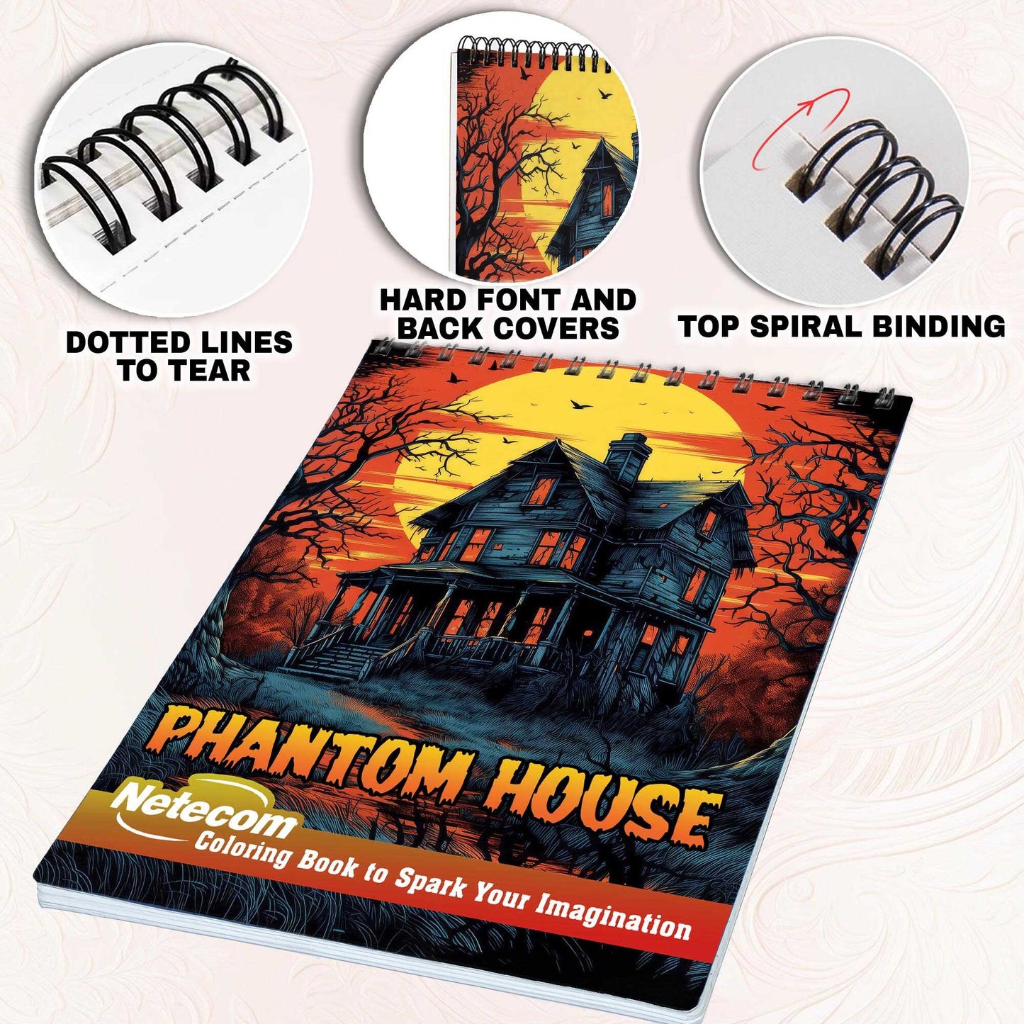 Phantom House Spiral Bound Coloring Book, Embrace the Chill of the Supernatural with 30 Enchanting Pages, Where Phantoms Lurk Around Every Corner.