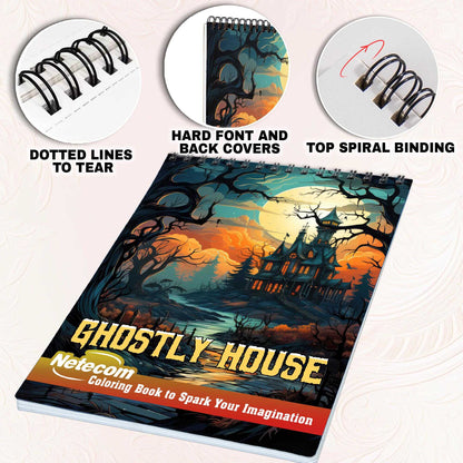 Ghostly House Spiral Bound Coloring Book, Unleash Your Creativity in a Spine-Tingling Setting with 30 Charming Pages of Eerie House Scenes.