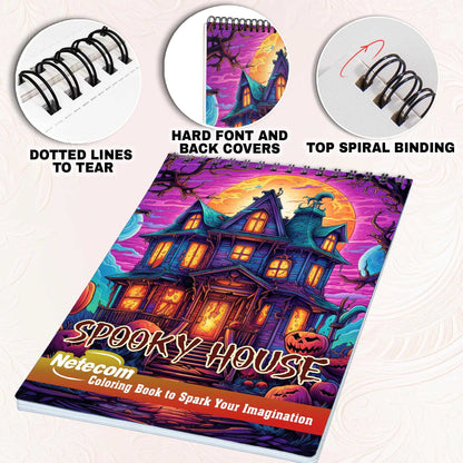 Spooky House Spiral Bound Coloring Book, Unleash Your Imagination in a Spine-Tingling Setting with 30 Charming Pages of Haunting House Scenes.