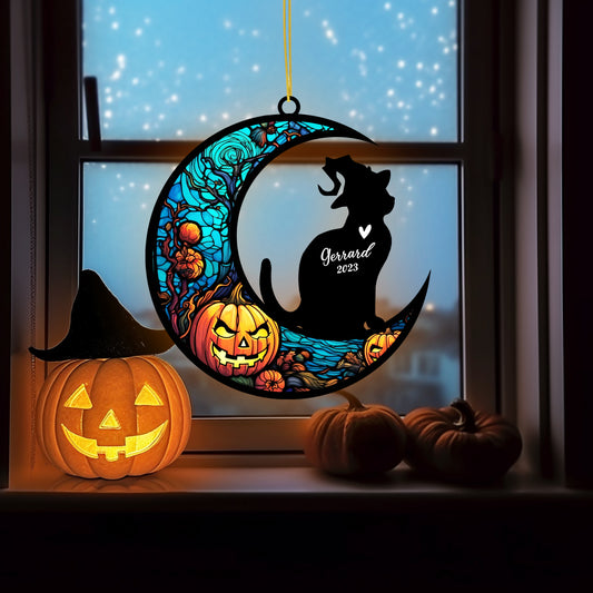 Netecom Personalized Halloween Domestic Shorthair Cat Suncatcher - Memorial Gift for Loss of Cat, Custom Shorthair Cat Lovers Ornament for Window or Wall Hanging, Spooky Sympathy Gift for Pet Loss