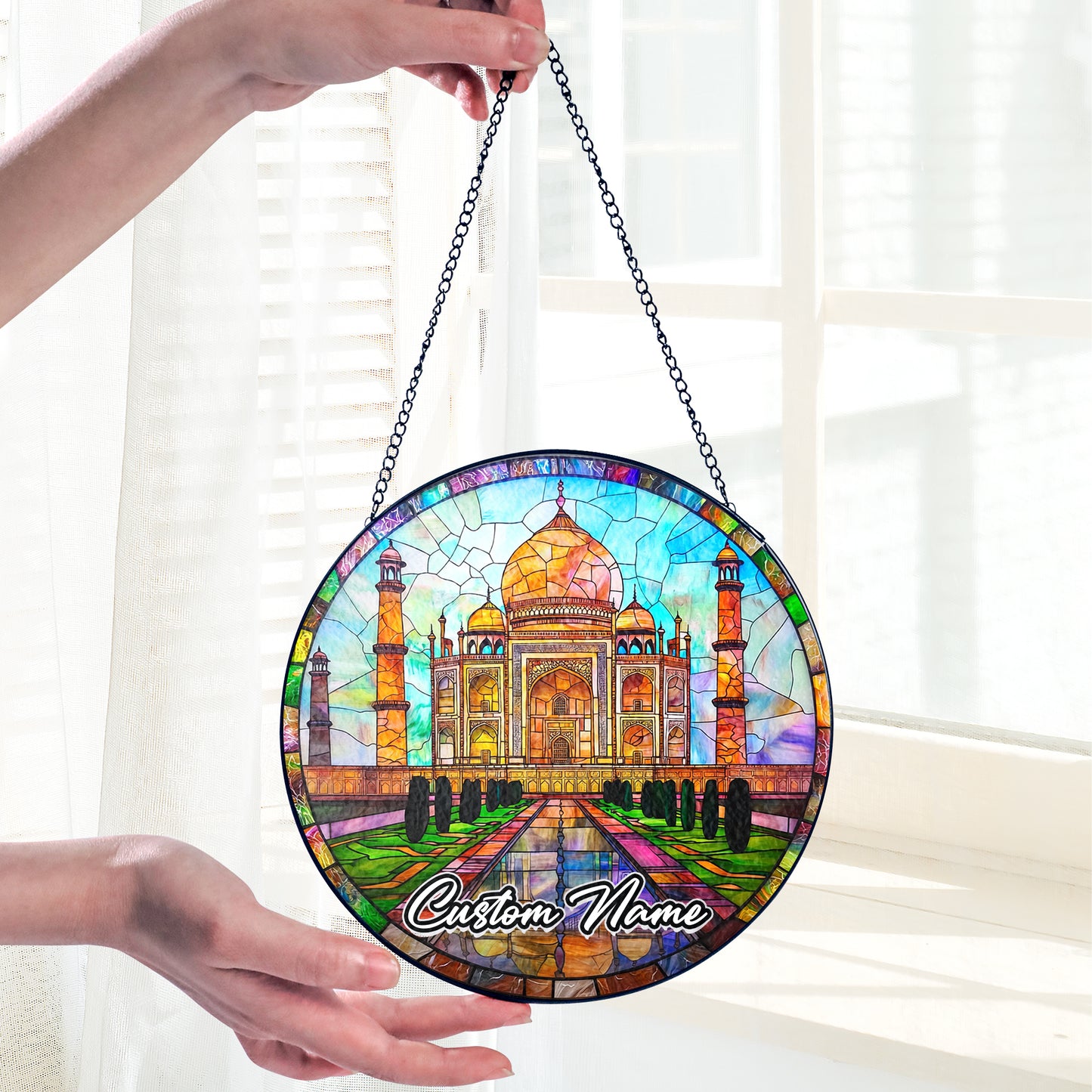Netecom Personalized India Landmark Stained Glass Sun Catcher – Taj Mahal Inspired Window Ornament, Custom Travel Gift & Home Decor