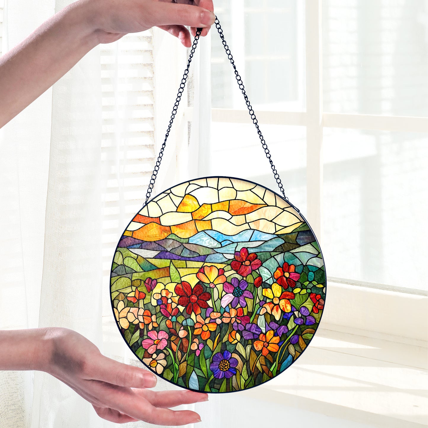 Netecom Flower Garden Stained Glass Sun Catcher – Personalized Floral Ornament, Custom Window Hanging, Nature-Inspired Gift