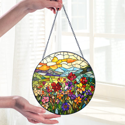 Netecom Flower Garden Stained Glass Sun Catcher – Personalized Floral Ornament, Custom Window Hanging, Nature-Inspired Gift
