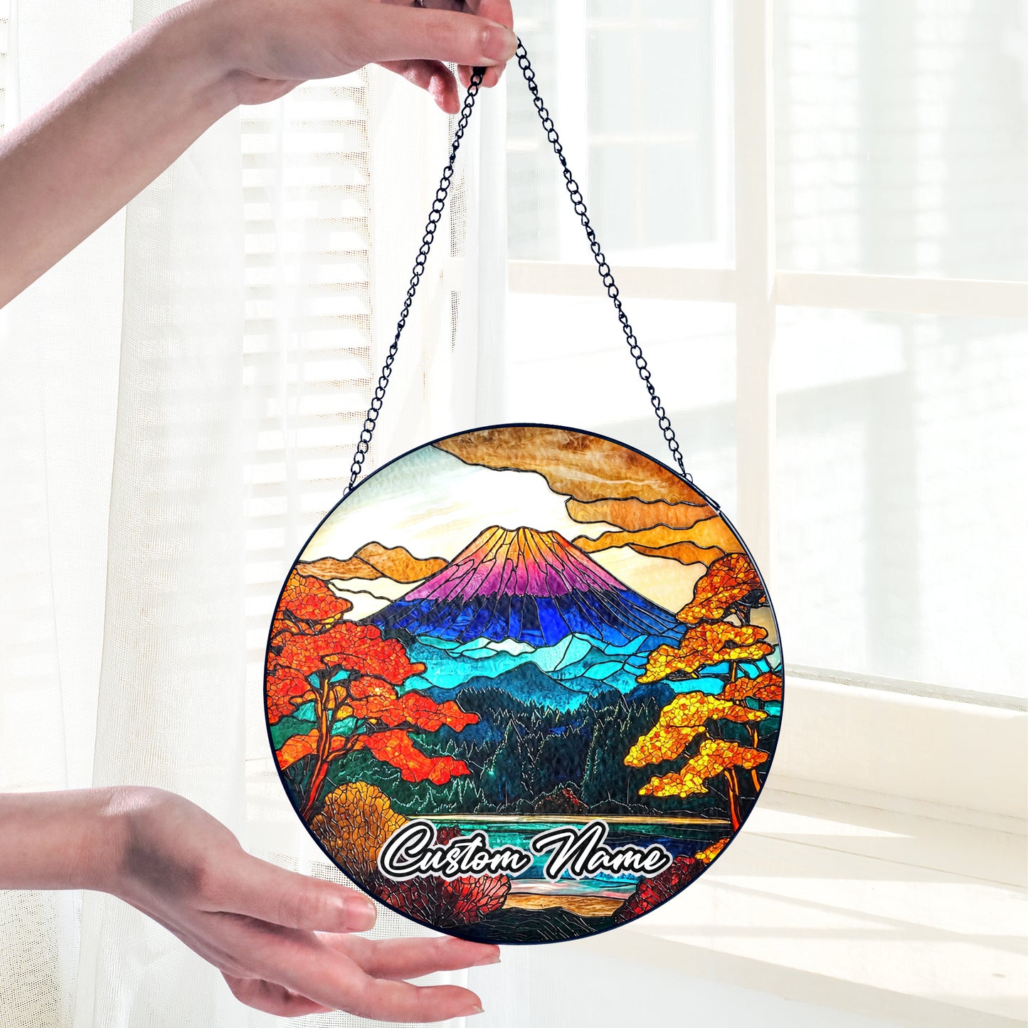 Netecom Personalized Japan Stained Glass Ornament – Mount Fuji Inspired Sun Catcher, Custom Cultural Gift & Window Decoration