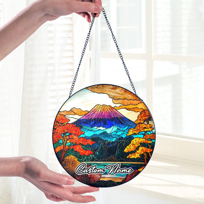Netecom Personalized Japan Stained Glass Ornament – Mount Fuji Inspired Sun Catcher, Custom Cultural Gift & Window Decoration