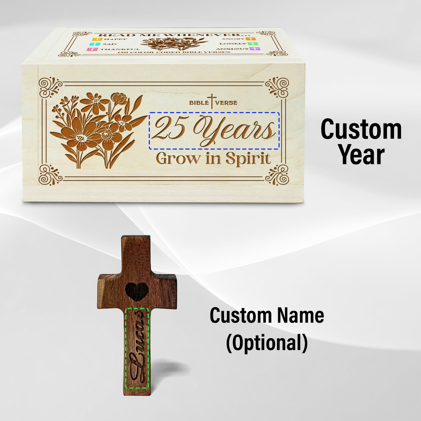 Netecom Personalized Bible Verse Box for 25 Years Birthday, Custom Name & Age, Engraved Wood Scripture Box with Pocket Cross, 150 Daily Bible Verse Cards, Christian Birthday Gift
