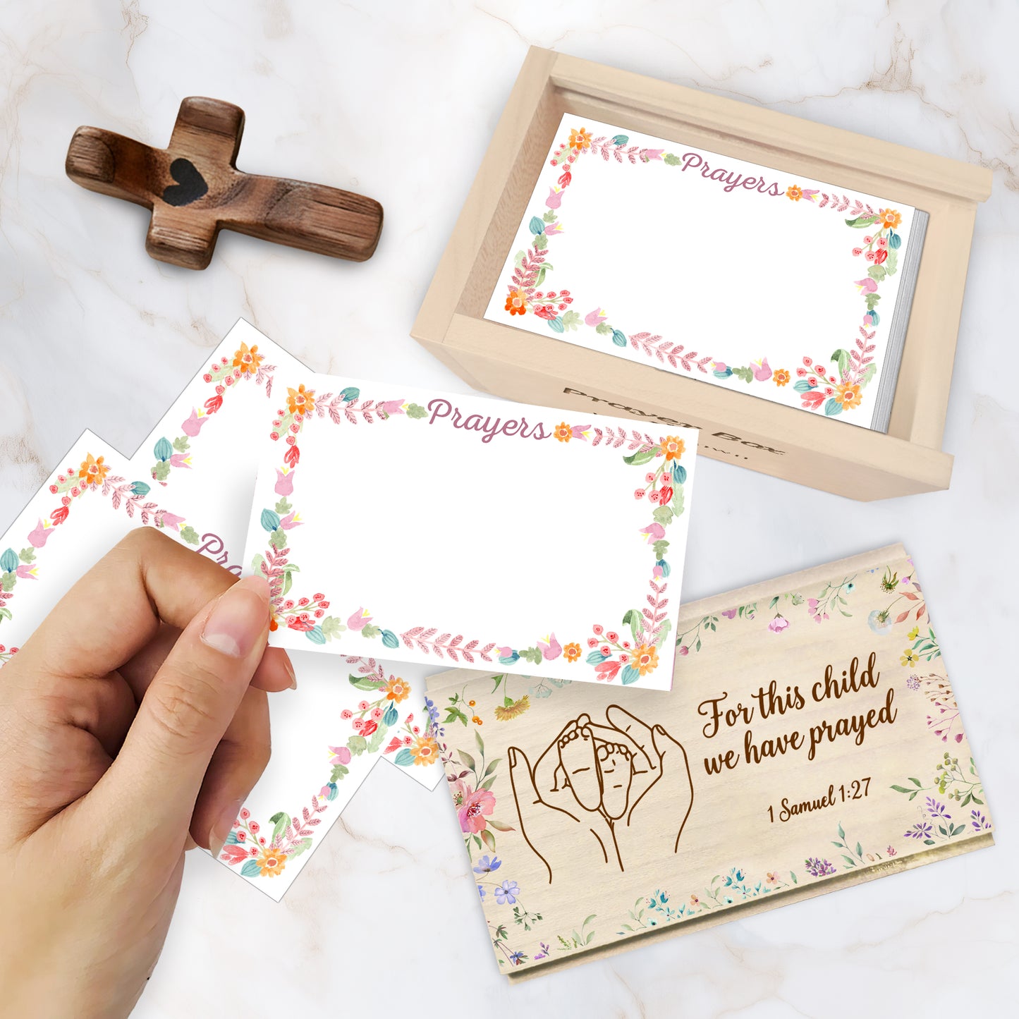 Netecom Personalized Baby Prayer Box with 100 Prayer Request Cards & Handheld Cross – Custom Baby Name & Birth Year, Wooden Christian Gift for Parents