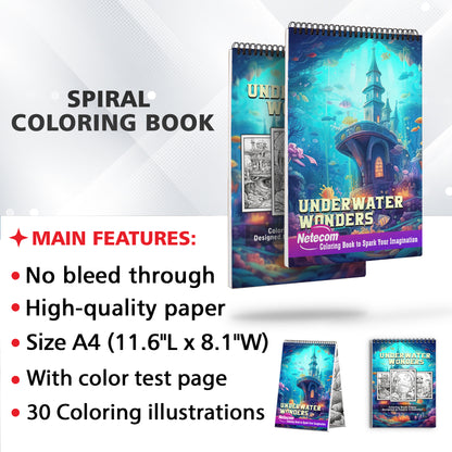 Underwater Wonders Spiral Bound Coloring Book, Delve into 30 Serene Coloring Pages, Depicting Underwater Wonders that Evoke a Sense of Calm and Tranquility